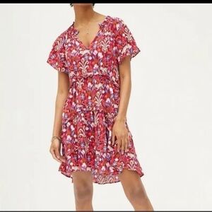 ANTHROPOLOGIE Robin Tiered Mini Dress Red Pink Purple Ruffle VNeck Geo Sz S/P